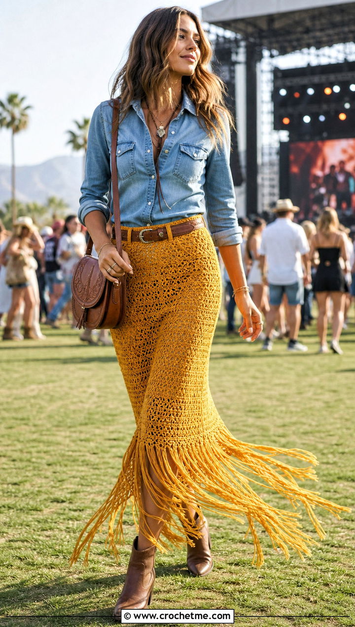 Fringe Trim Crochet Mermaid Skirt With Western Shirt - 35 crochet mermaid skirt outfit ideas