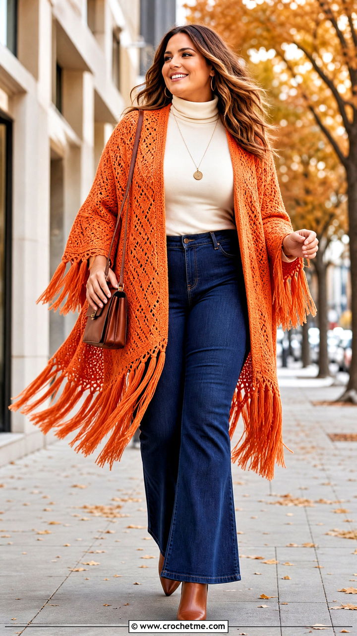 Fringe Trim Crochet Ruana With Flare Jeans - 35 crochet ruana outfit ideas