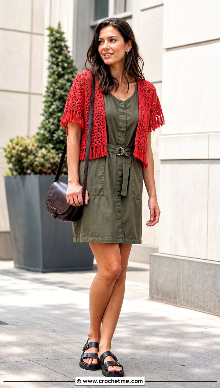 Fringe Trim Crochet Short Sleeve Shrug With Utility Dress - 30 crochet short sleeve shrug outfit ideas