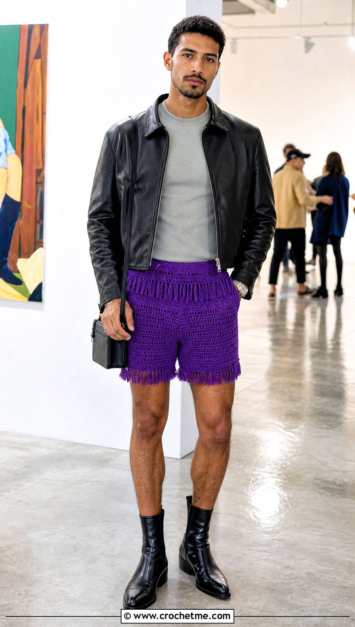Fringe Trim Crochet Shorts With Leather Jacket - 15 Crochet Mens Shorts For Men outfit ideas
