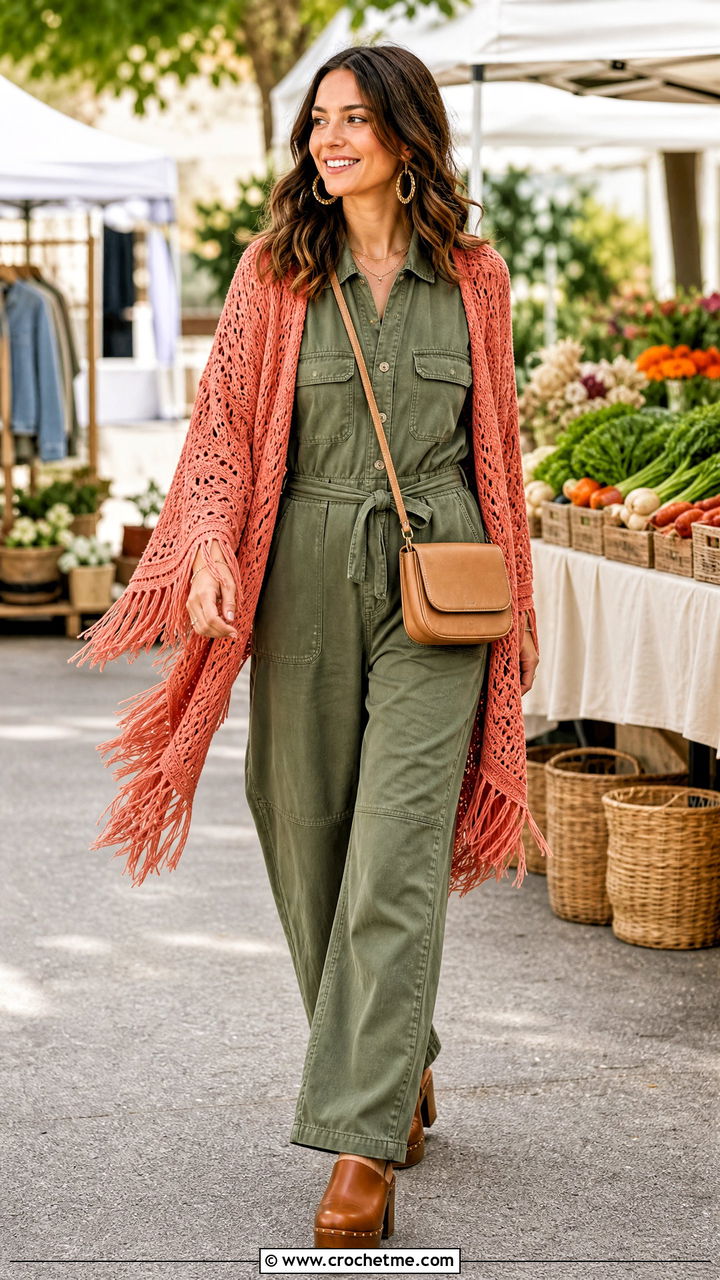 Fringe Trim Crochet Shrug With Utility Jumpsuit - 35 crochet shrug bolero outfit ideas
