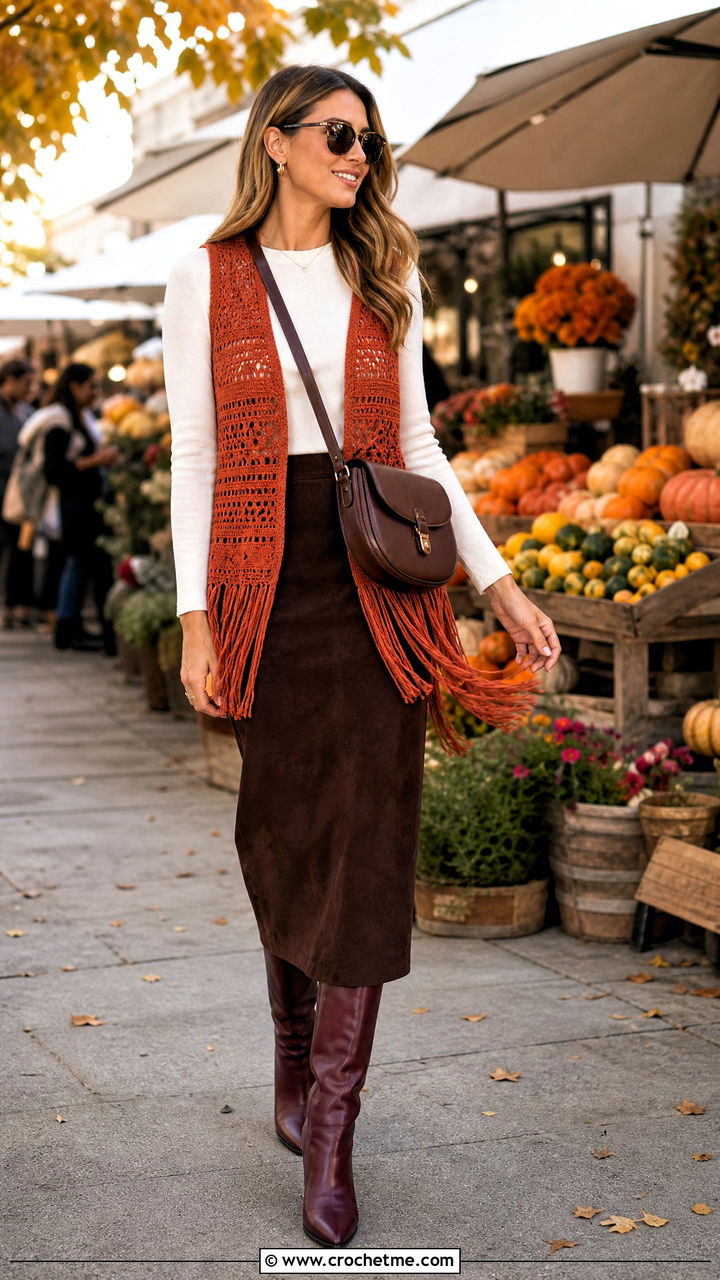 Fringe Trim Crochet Sweater Vest With Suede Skirt - 35 crochet sweater vest outfit ideas