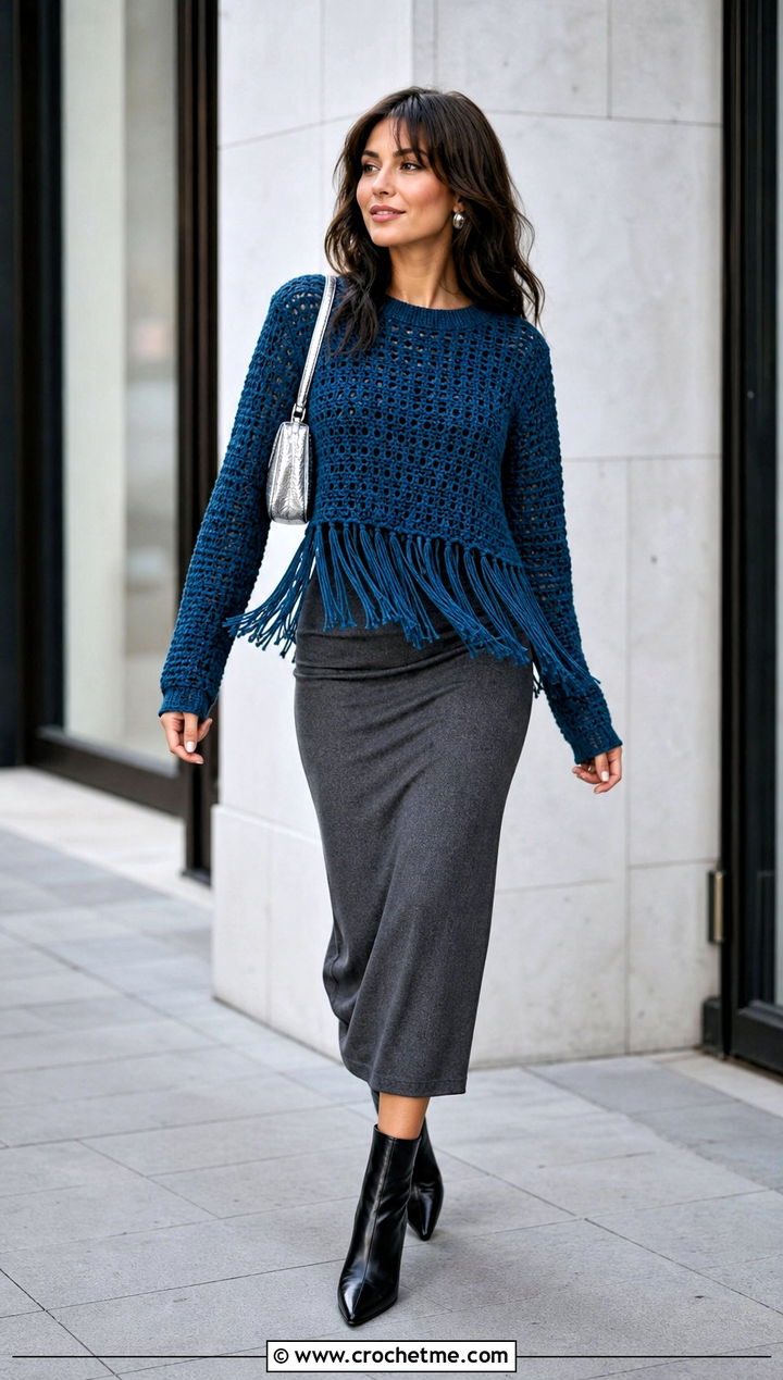 Fringe Trim Crochet Sweater With Column Skirt - 30 Crocheted Sweater Outfit ideas