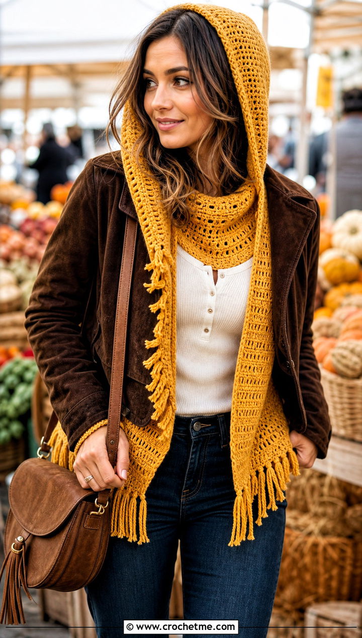 Fringe Trim Crochet Turtle Neck Hoodie With Suede Jacket - 30 crochet turtle neck hoodie outfit ideas