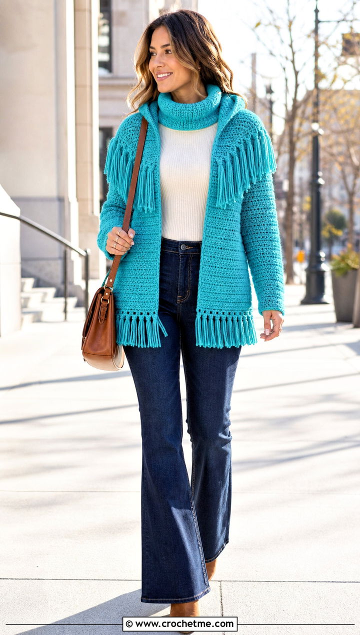 Fringe Trim Crochet Turtleneck Hoodie With Flared Jeans - 35 crochet turtleneck hoodie outfit ideas