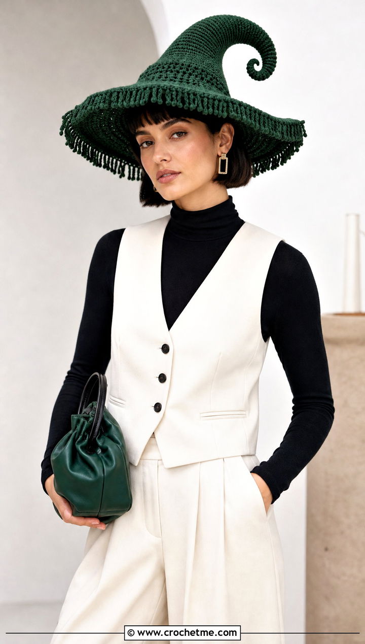 Fringe Trim Crochet Twisted Witch Hat With Tailored Vest - 25 crochet twisted witch hat outfit ideas