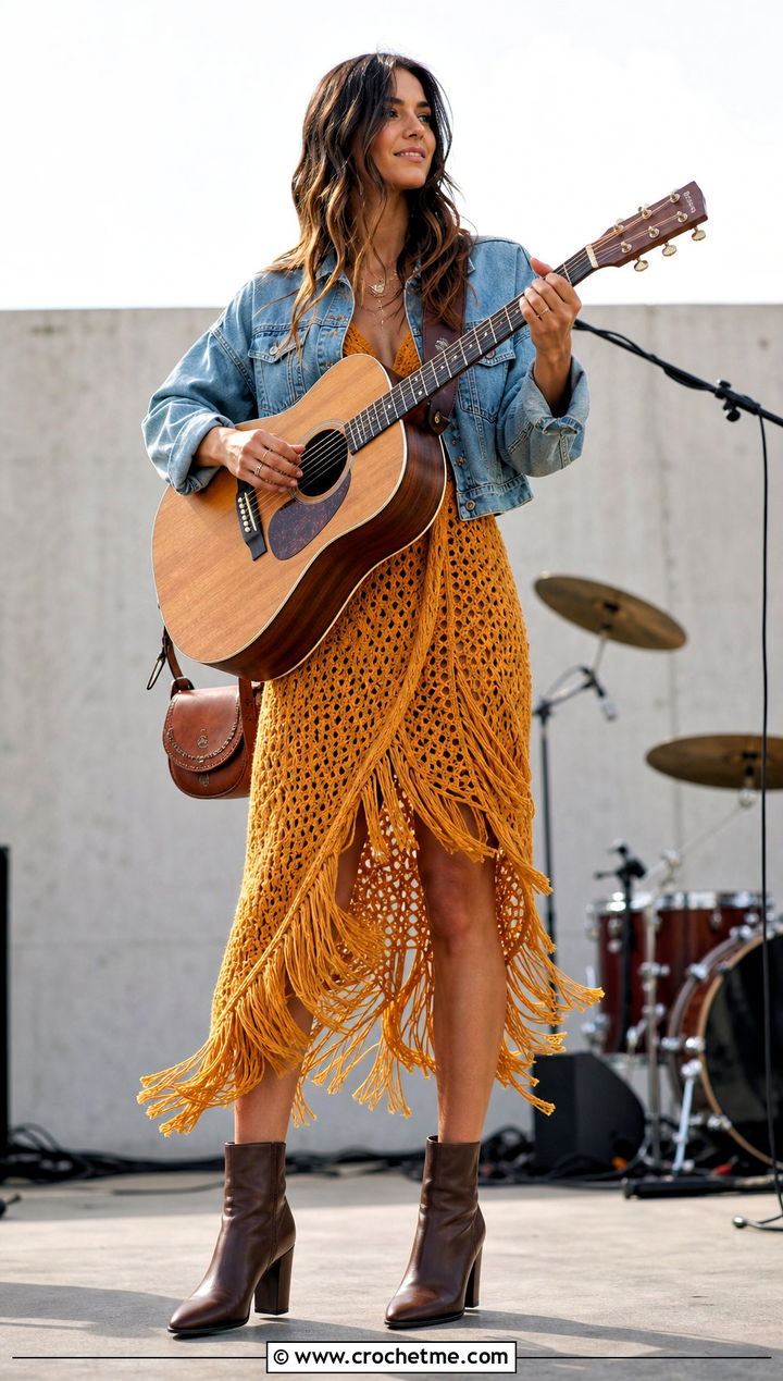 Fringe Trim Crochet Wrap Dress With Ankle Boots - 35 crochet wrap dress outfit ideas