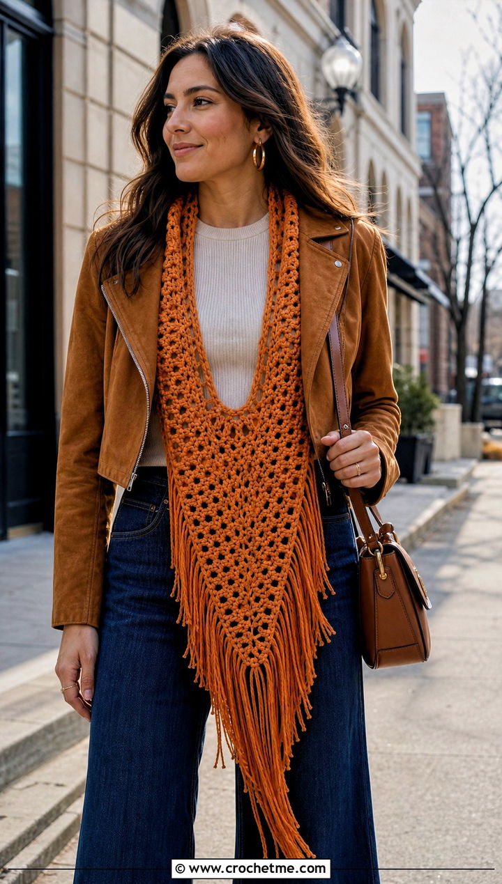 Fringe Trim Crossbody Crochet Cowl With Suede Jacket And Wide Leg Jeans - 15 Crossbody Crochet Cowl outfit ideas