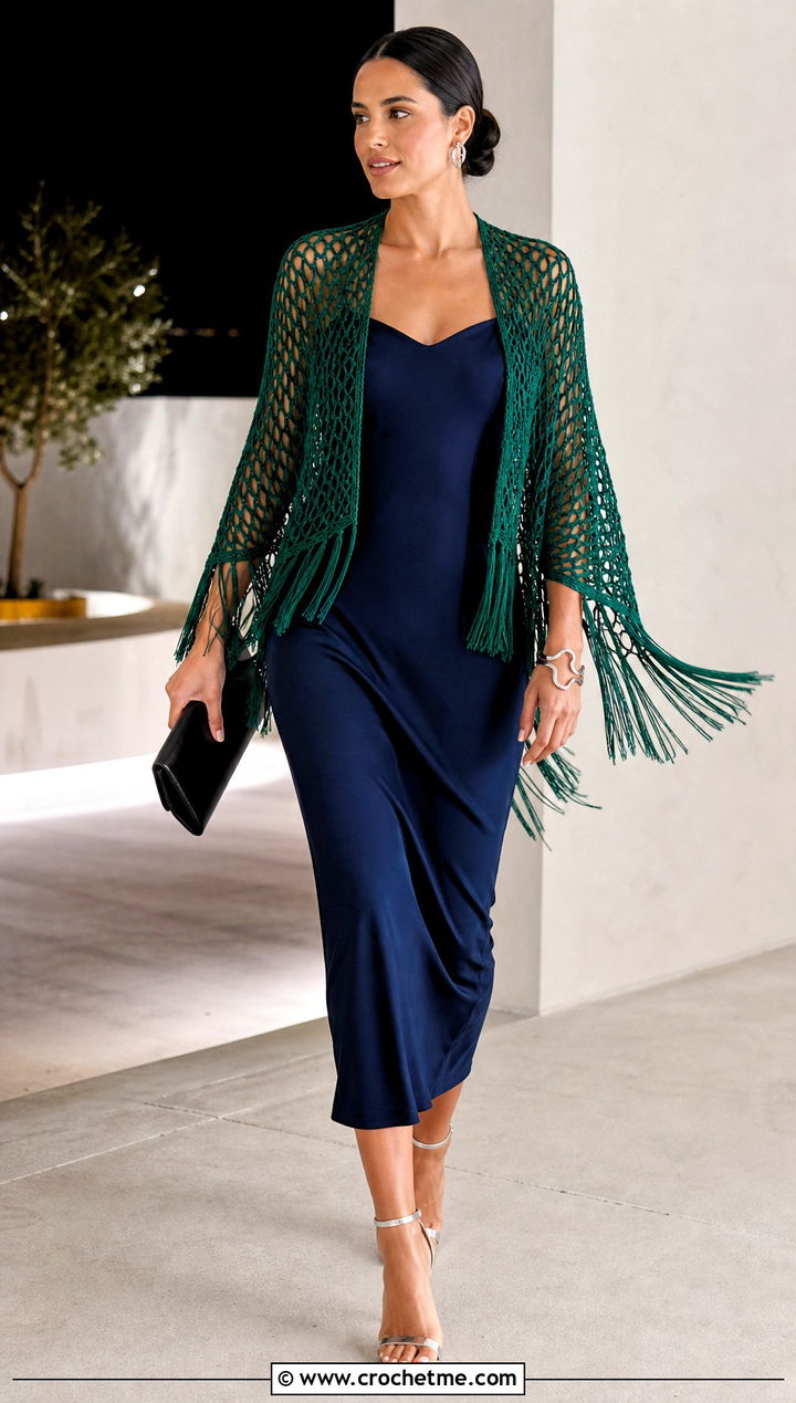 Fringe Trim Fishnet Crochet Bolero With Column Dress - 25 Fishnet Crochet Bolero outfit ideas