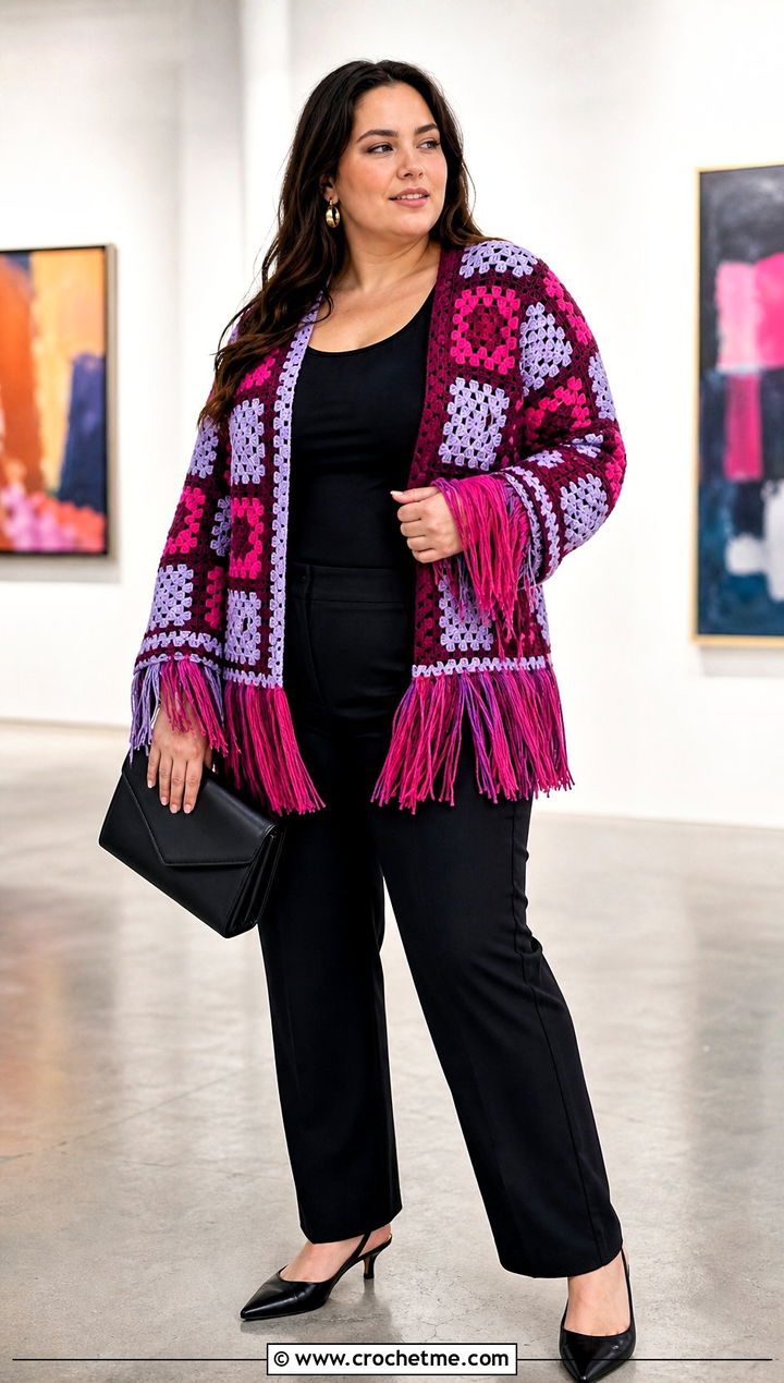 Fringe Trim Granny Square Cardigan With Black Trousers - 30 plus size crochet granny square cardigan outfit ideas