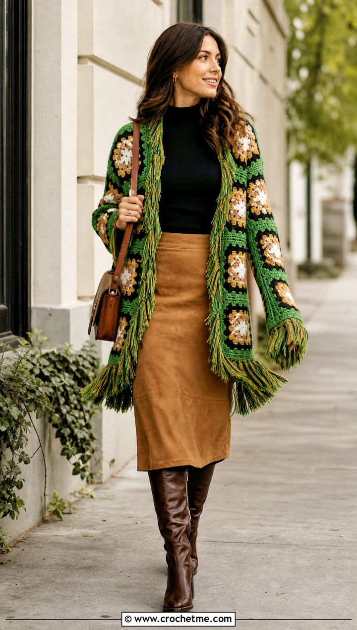 Fringe Trim Granny Square Jacket With Suede Skirt - 30 crochet granny square jacket outfit ideas