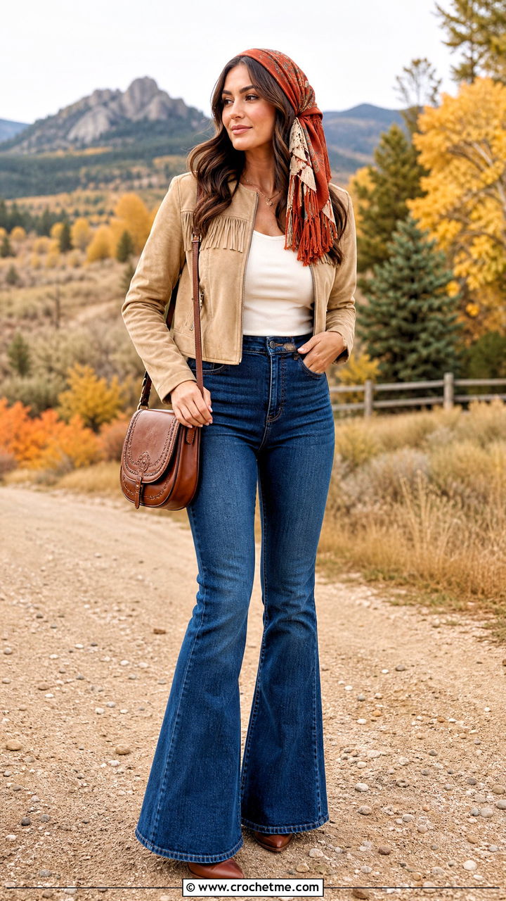 Fringe Trim Head Scarf With Suede Jacket And Flared Jeans - 35 crochet head scarf outfit ideas