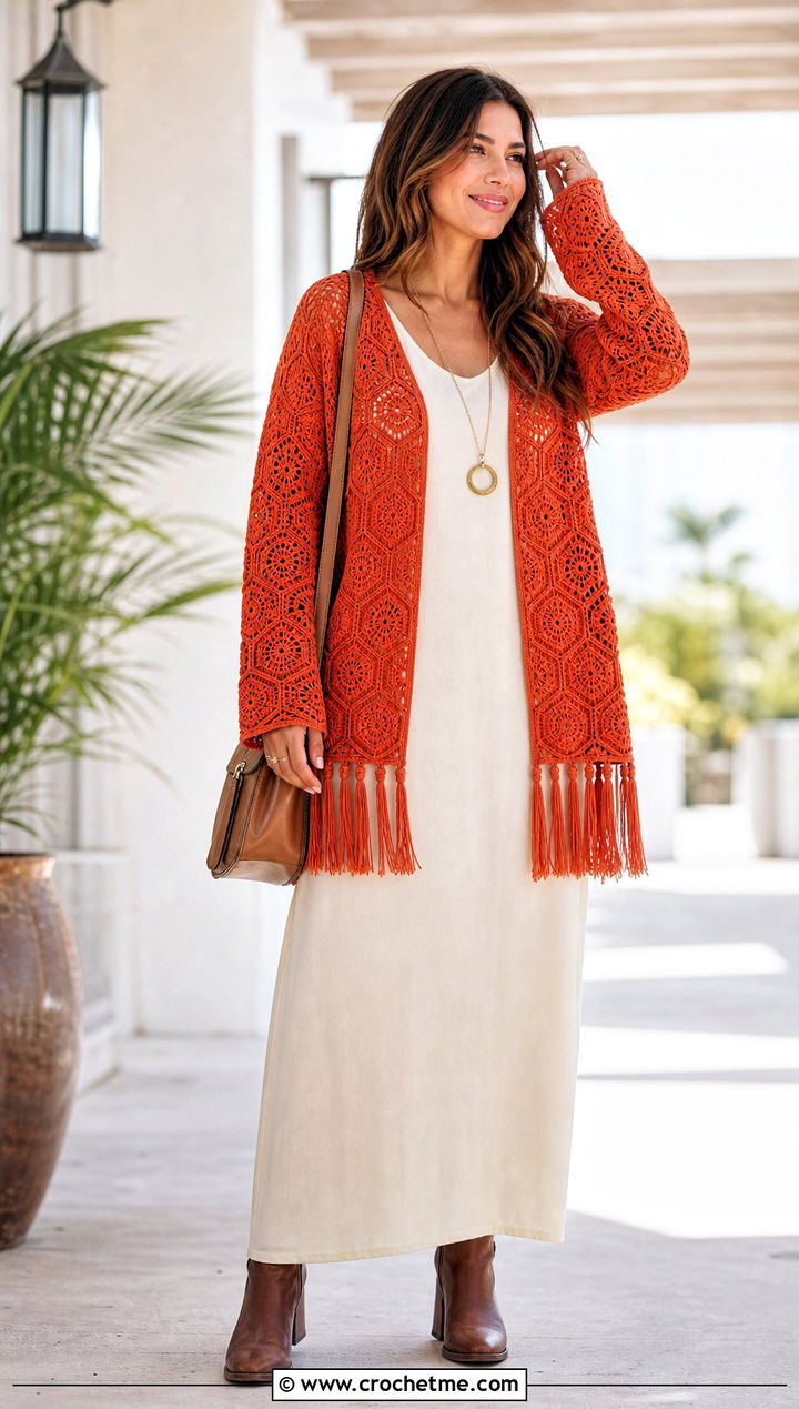 Fringe Trim Hex Crochet Cardigan With Maxi Dress - 35 hex crochet cardigan outfit ideas