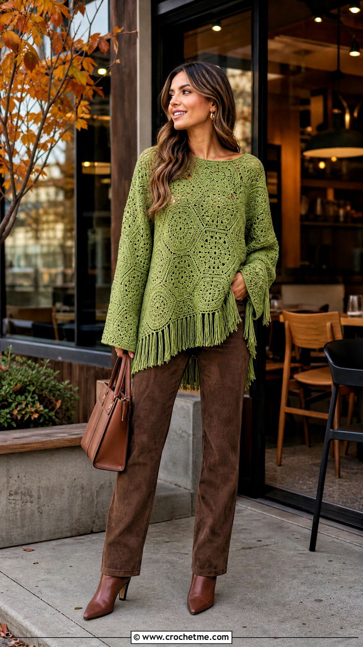 Fringe Trim Hexagon Pullover With Suede Pants - 35 crochet hexagon pullover outfit ideas