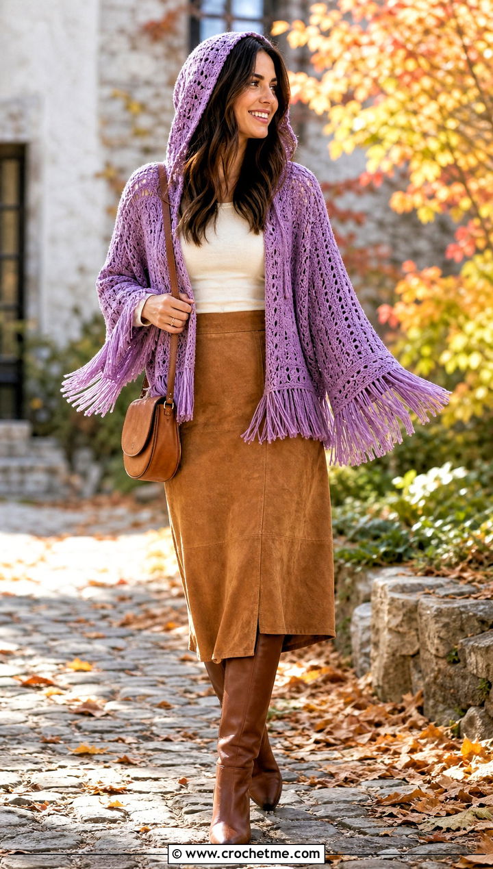 Fringe Trim Hooded Crochet Shrug With Suede Skirt - 25 hooded crochet shrug outfit ideas