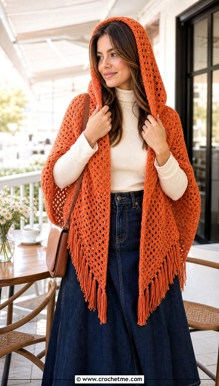 Fringe Trim Hooded Triangle Crochet Shawl With Denim Skirt - 25 Hooded Triangle Crochet Shawl outfit ideas