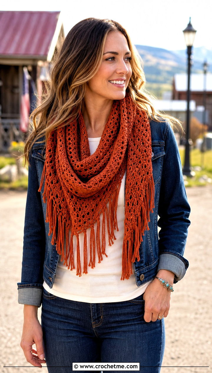 Fringe Trim Infinity Scarf With Western Jacket - 30 easy crochet infinity scarf outfit ideas