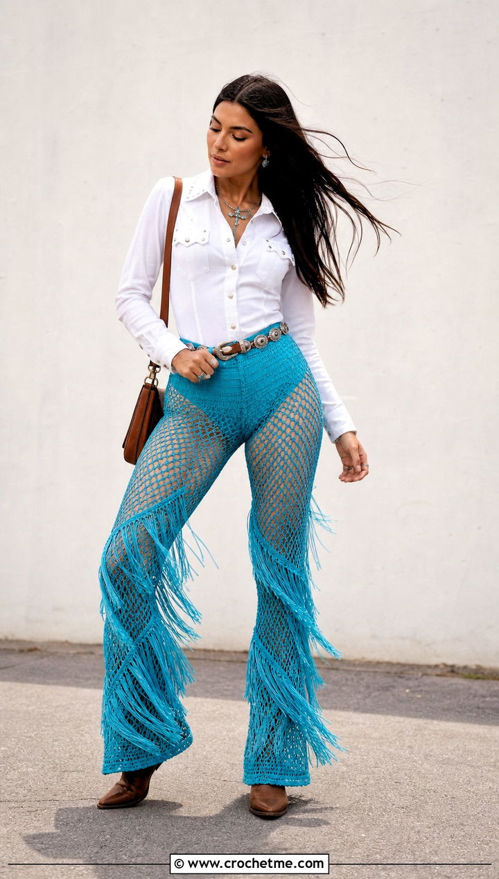 Fringe Trim Mesh Flare Pants With Western Shirt - 20 Crochet Mesh Flare Pants outfit ideas