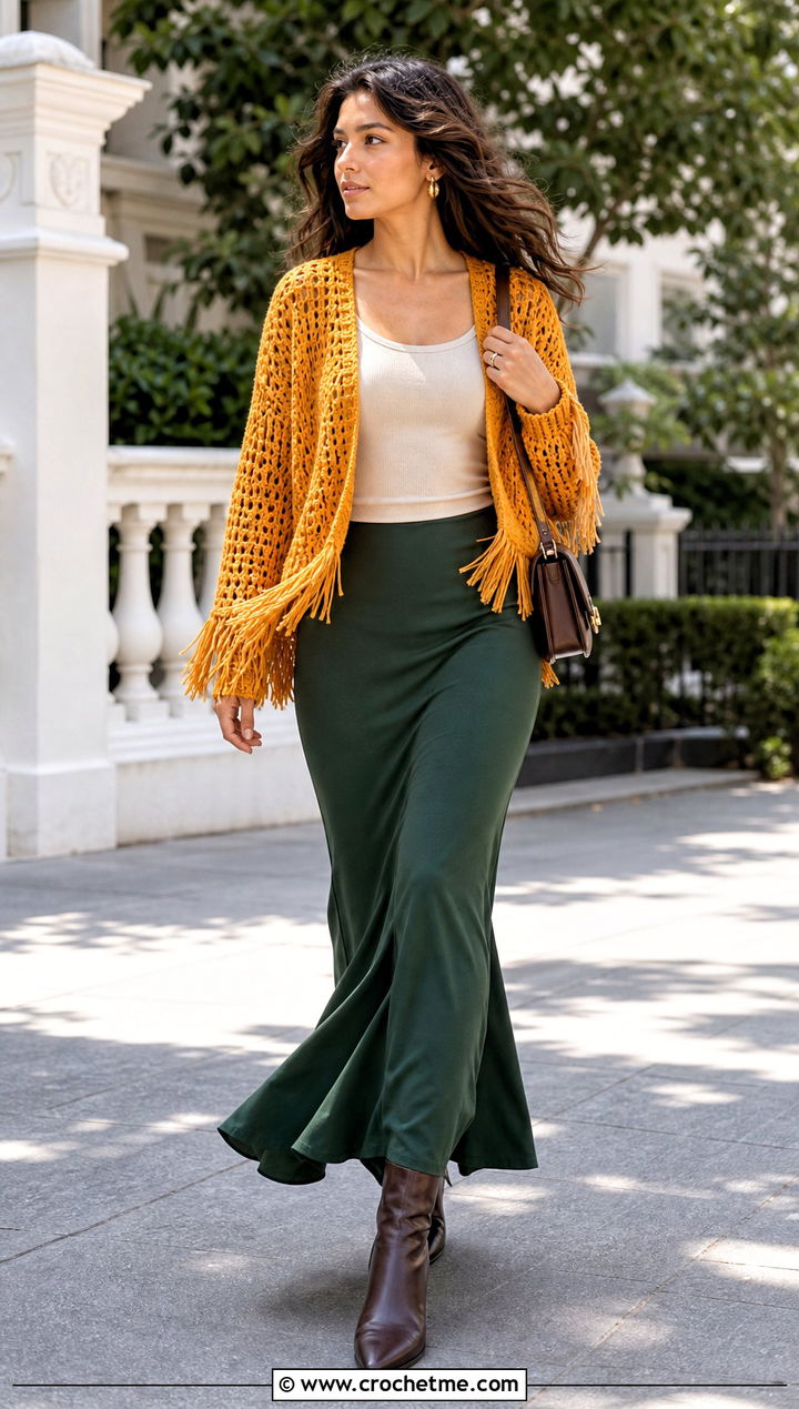 Fringe Trim Mini Crochet Cardigan With Maxi Skirt - 35 mini crochet cardigan outfit ideas