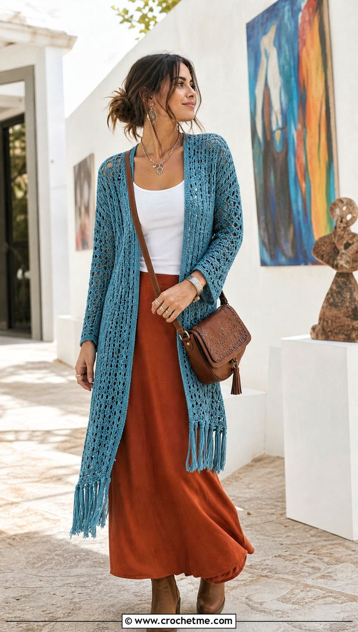 Fringe Trim One Piece Crochet Cardigan With Maxi Skirt - 35 one piece crochet cardigan outfit ideas