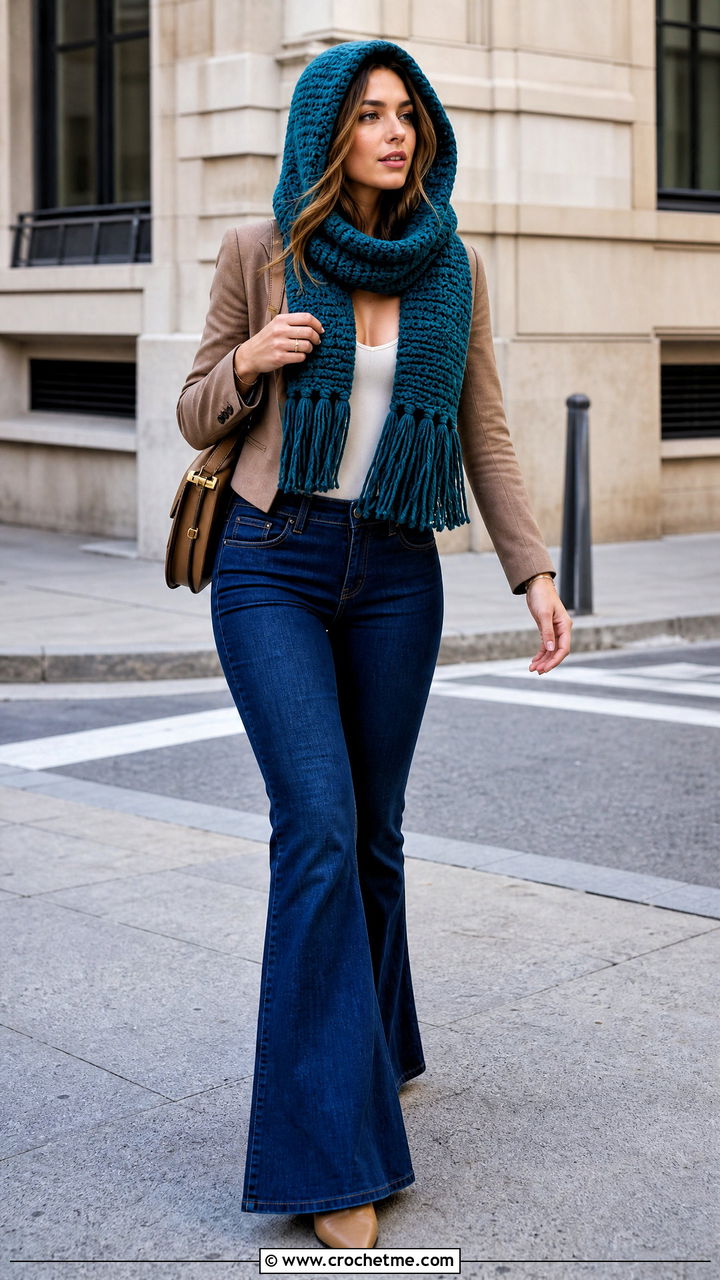 Fringe Trim Scoodie With Flared Jeans - 35 crochet hooded scarf outfit ideas