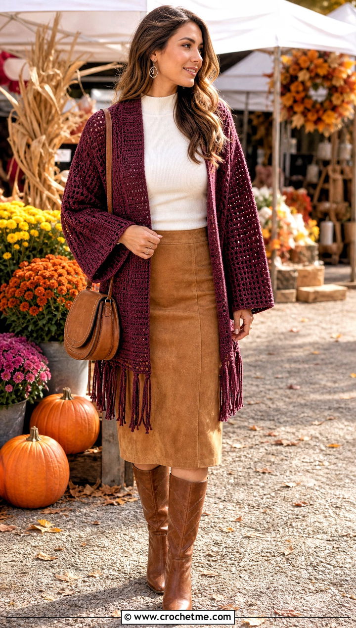 Fringe Trim Tunisian Cardigan With Suede Skirt - 35 tunisian crochet cardigan outfit ideas