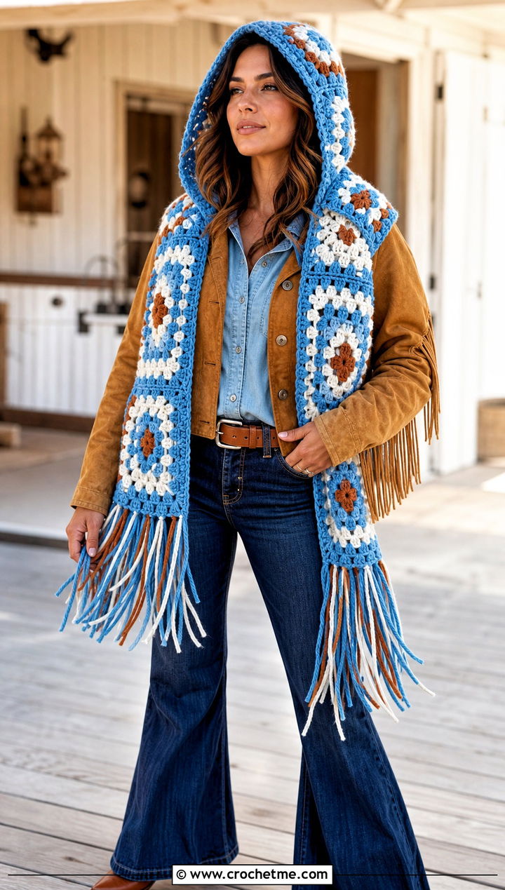 Fringe Trimmed Granny Square Crochet Hooded Scarf With Western Denim - 30 Granny Square Crochet Hooded Scarf outfit ideas