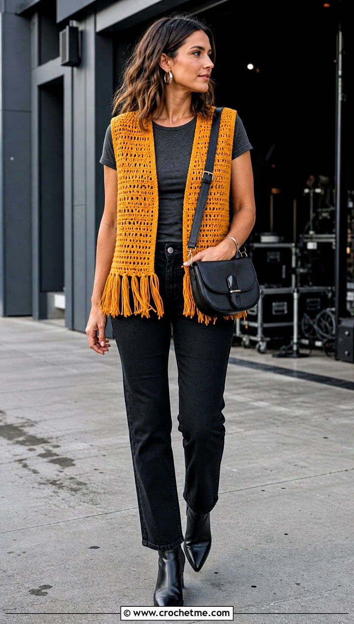Fringe Tunisian Crochet Vest With Black Denim - 20 Tunisian Crochet Vest outfit ideas