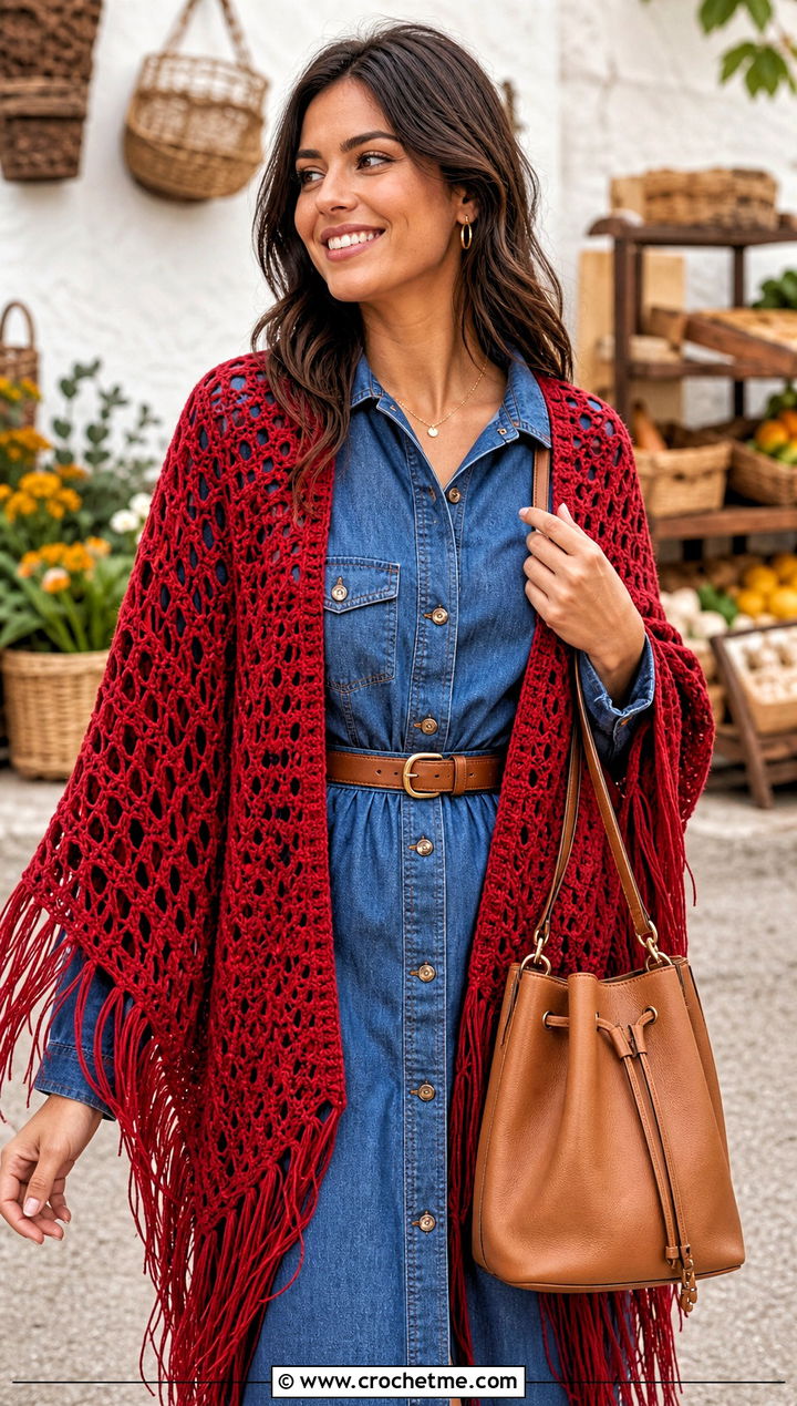 Fringe V Stitch Crochet Shawl With Denim Dress - 25 V Stitch Crochet Shawl outfit ideas