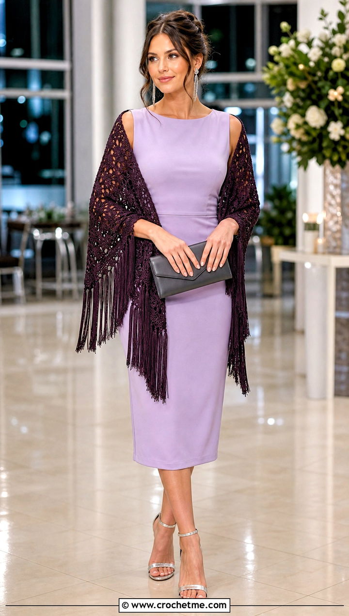 Fringe Wrap Around Shrug With Column Dress - 25 crochet wrap around shrug with sleeves outfit ideas