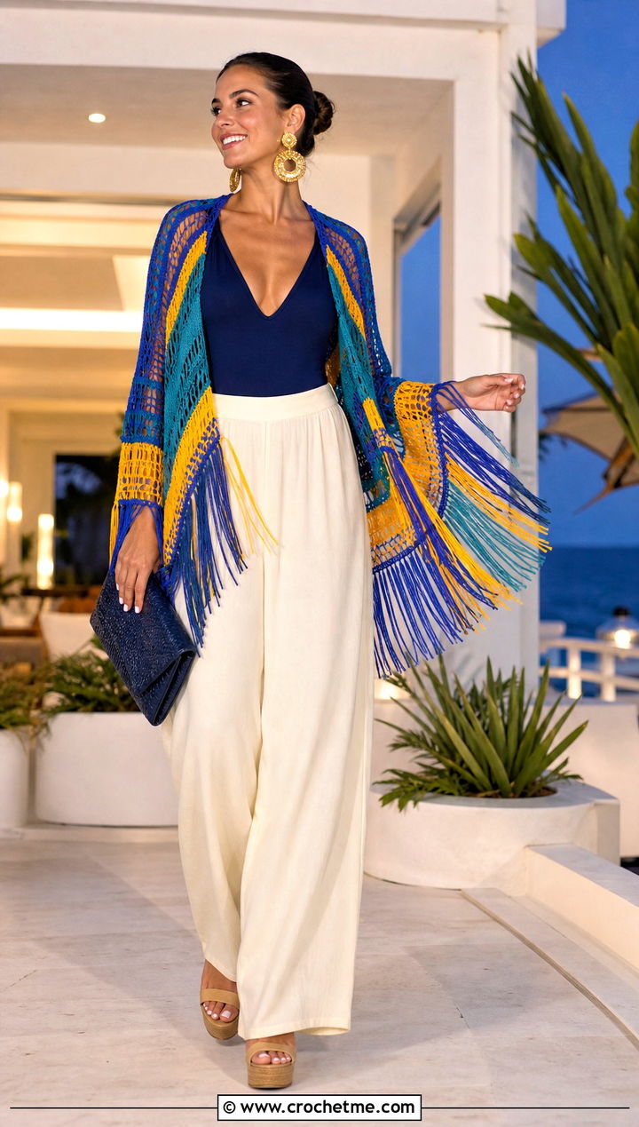 Fringe Wrap Around Shrug With Palazzo Pants - 25 Crochet Wrap Around Shrug outfit ideas