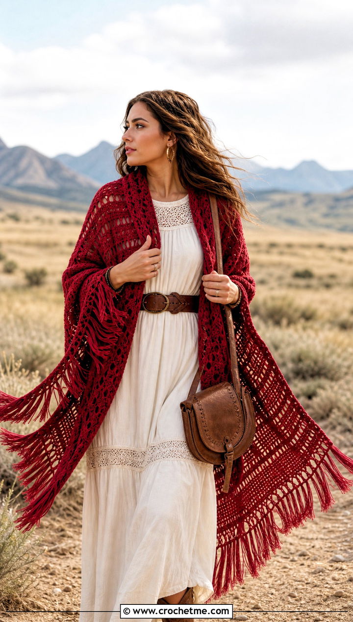 Fringed Skein Crochet Shawl With Maxi Dress And Western Boots - 15 Easy 1 Skein Crochet Shawl outfit ideas