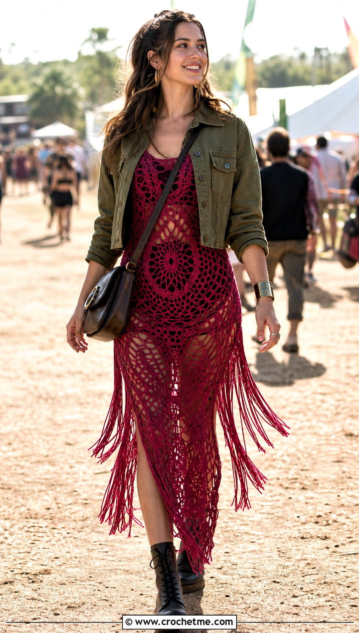 Fringed Acorn Crochet Maxi Dress With Utility Jacket - 15 acorns crochet dress outfit ideas