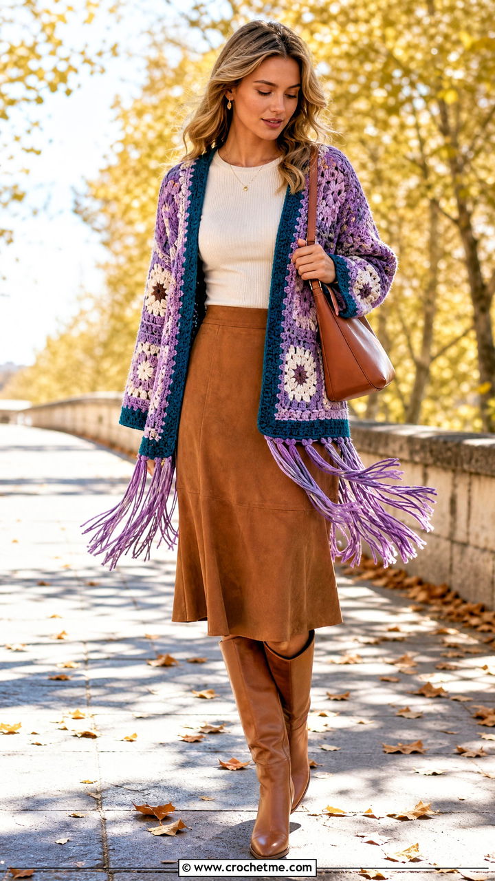 Fringed Big Granny Square Cardigan With Suede Skirt - 35 Big Granny Square Cardigan outfit ideas