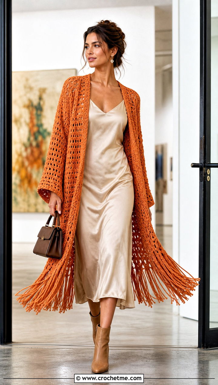 Fringed Blanket Crochet Cardigan With Slip Dress - 25 blanket crochet cardigan outfit ideas