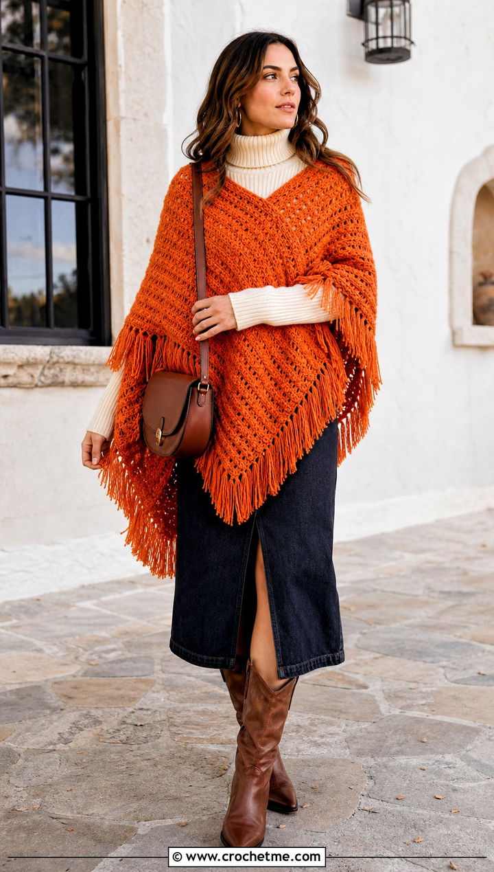 Fringed Blanket Crochet Poncho With Denim Midi Skirt - 15 Blanket Crochet Poncho outfit ideas