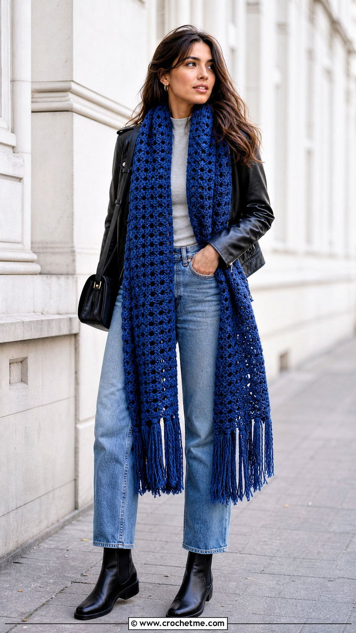 Fringed Blanket Crochet Scarf With Leather Jacket - 35 chunky crochet scarf outfit ideas