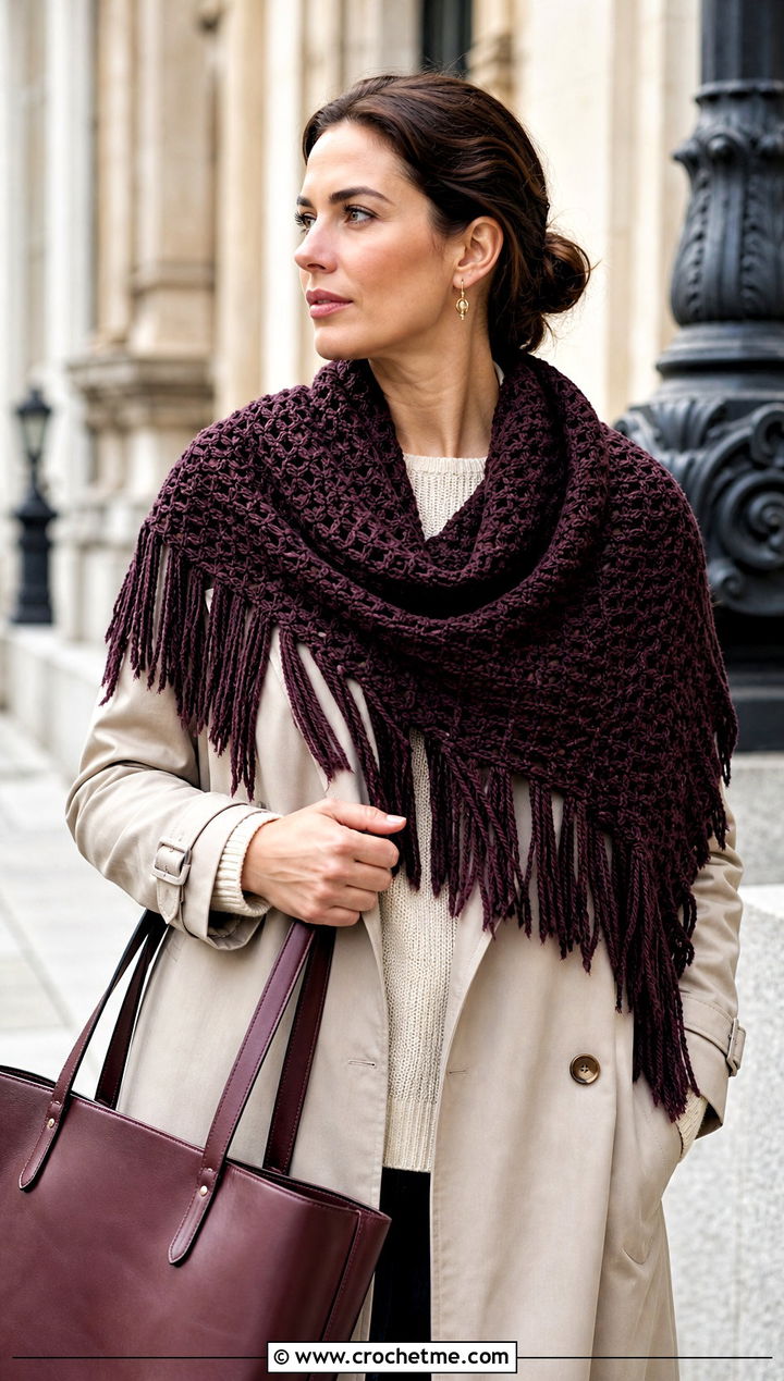 Fringed Blanket Wide Scarf With Trench Coat And Loafers - 20 Crochet Wide Scarf outfit ideas