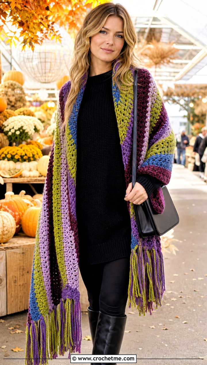 Fringed Blanket Wrap With Leggings And Boots - 15 Colorful Striped Crochet Wrap outfit ideas