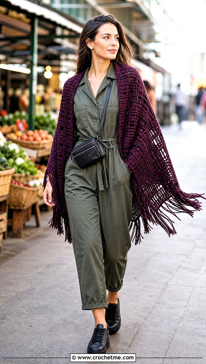 Fringed Block Stitch Crochet Shawl With A Utility Jumpsuit - 15 Block Stitch Crochet Shawl outfit ideas
