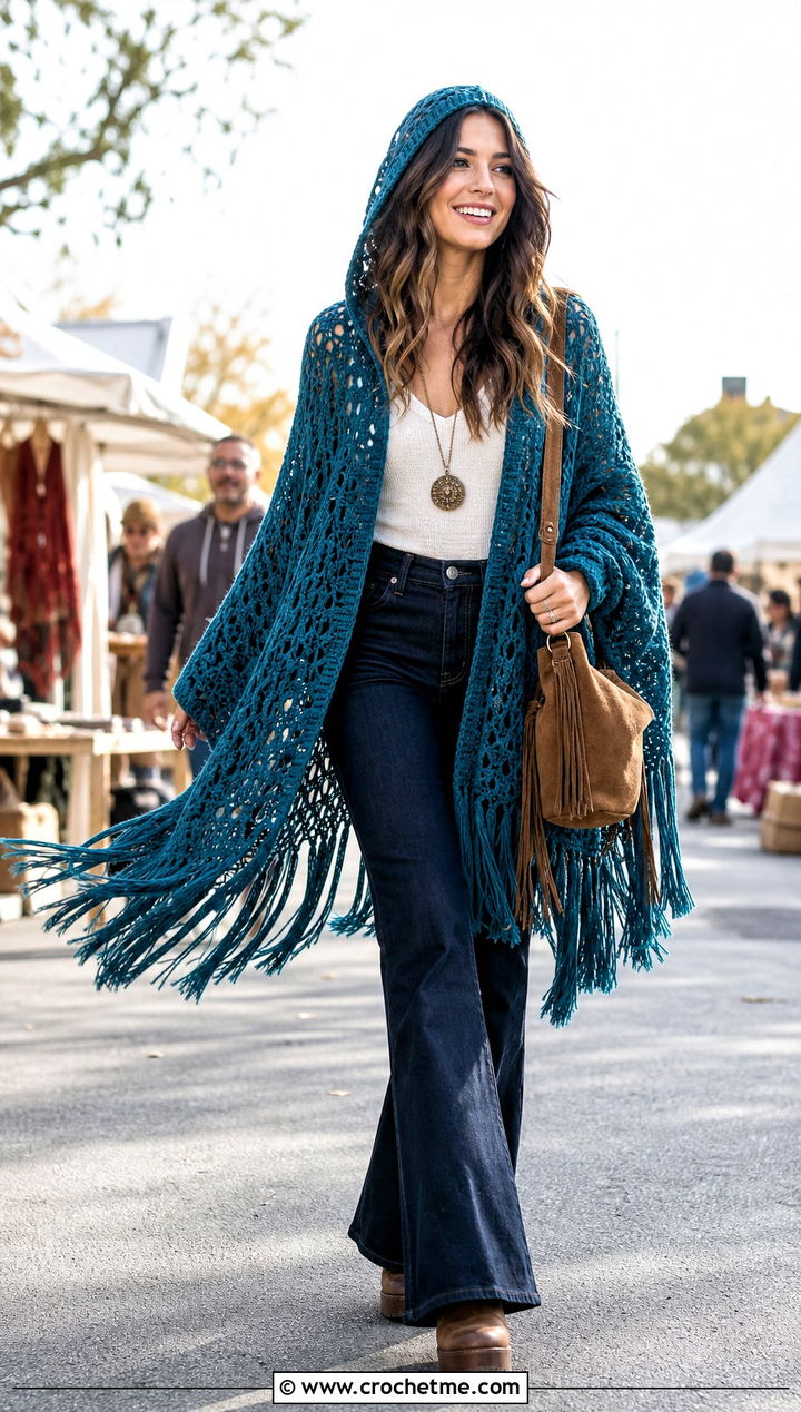 Fringed Boho Crochet Poncho With Hood And Flared Jeans - 35 crochet poncho with hood outfit ideas