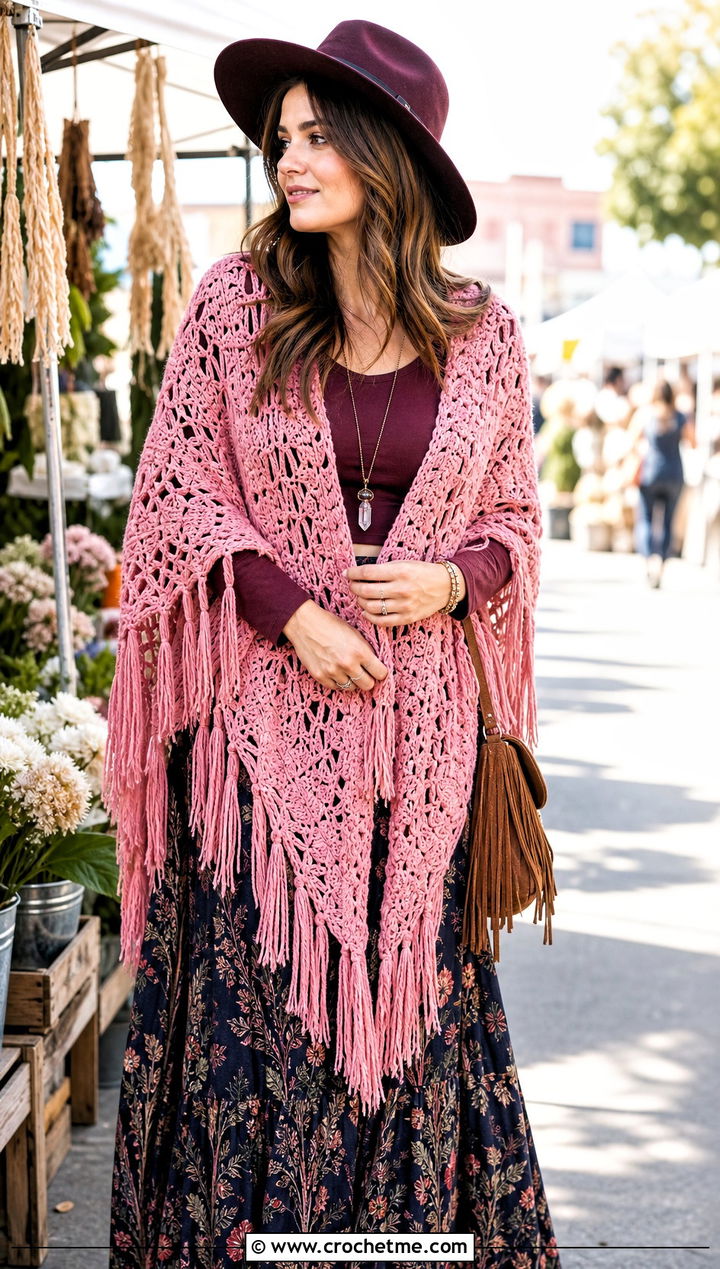 Fringed Boho Triangle Witch Crochet Shawl With Maxi Skirt - 15 Witch Crochet Shawl outfit ideas