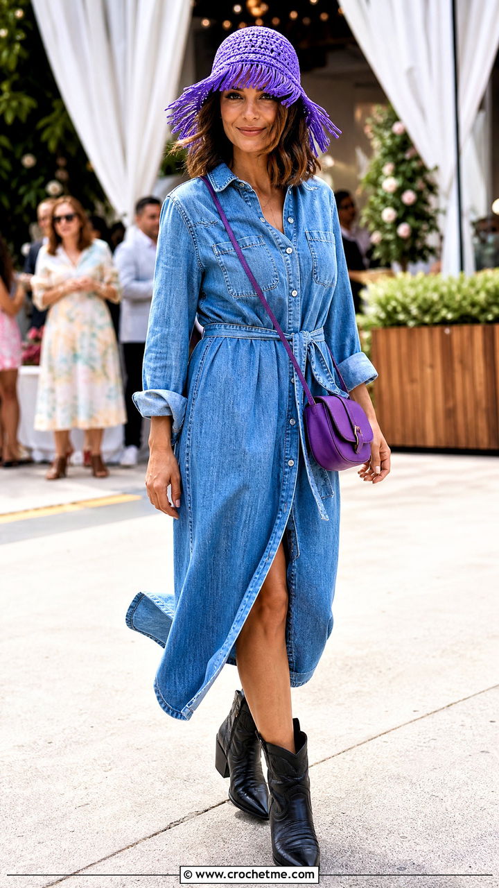 Fringed Brim Crochet Bucket Hat With Denim Dress And Boots - 35 crochet bucket hats outfit ideas