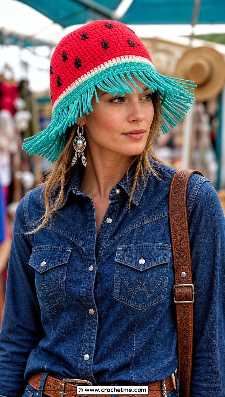 Fringed Brim Crochet Watermelon Bucket Hat With Western Shirt And Suede Skirt - 30 crochet watermelon bucket hat outfit ideas