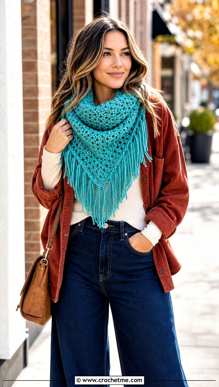 Fringed Bulky Crochet Cowl With Shacket - 20 Bulky Crochet Cowl outfit ideas