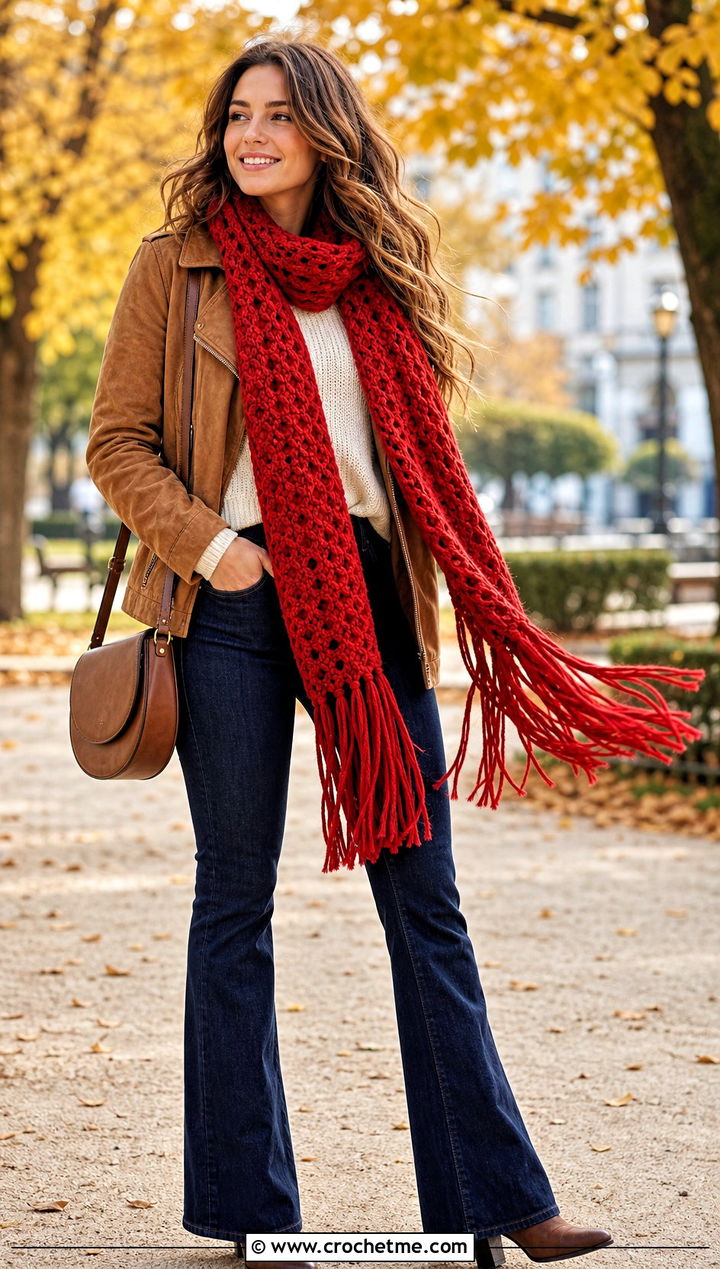 Fringed Bulky Crochet Scarf With Suede Jacket - 30 bulky crochet scarf outfit ideas