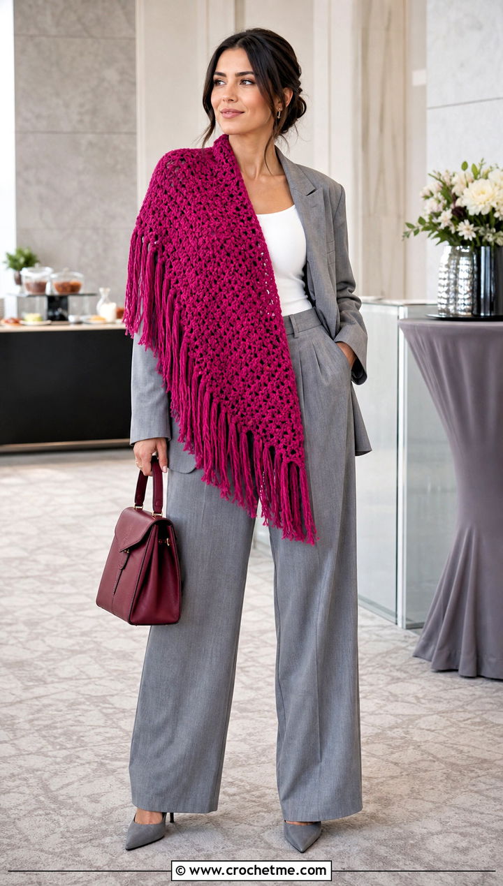 Fringed Bulky Yarn Crochet Shawl With Monochrome Suit - 20 Bulky Yarn Crochet Shawl outfit ideas