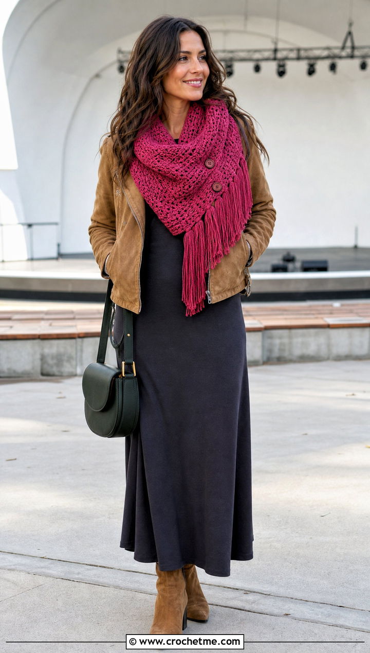 Fringed Button Cowl With Suede Jacket And Maxi Dress - 15 Crochet Cowl With Buttons outfit ideas