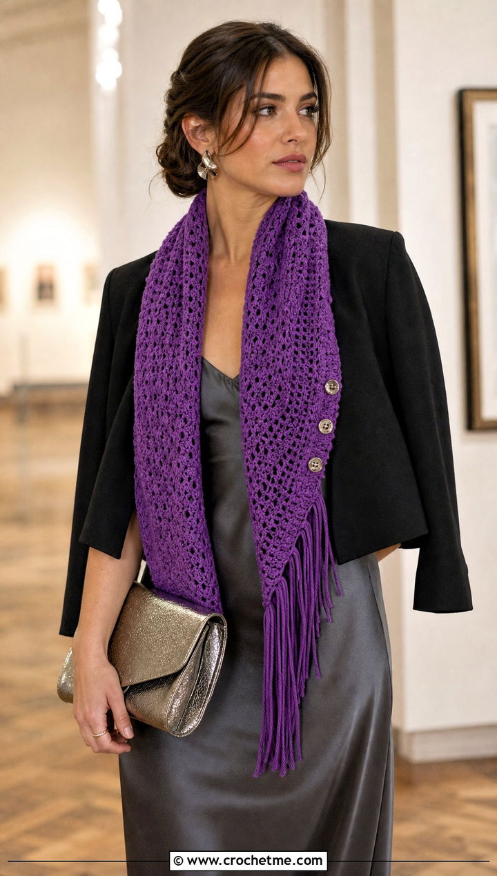 Fringed Button Scarf With Satin Slip Dress - 15 Button Crochet Scarf outfit ideas