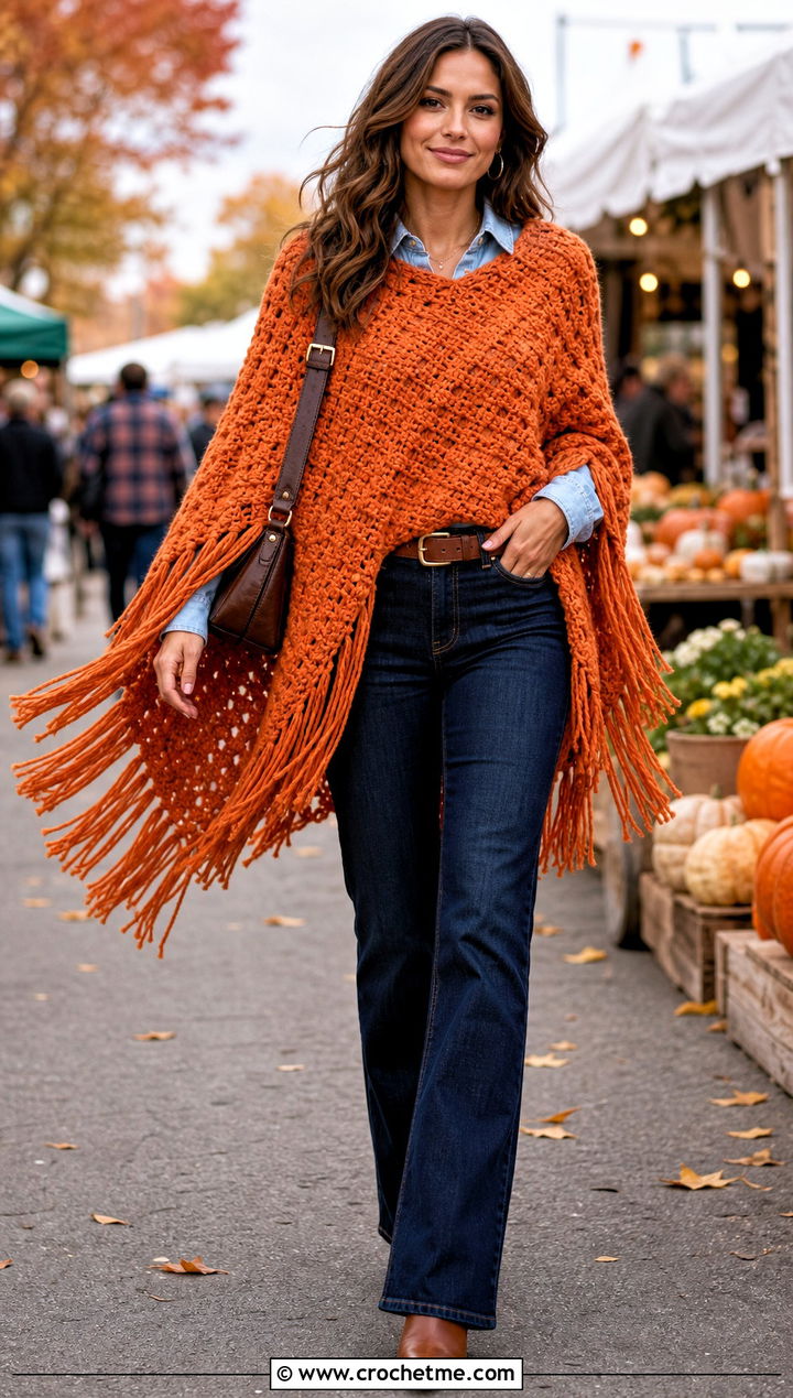 Fringed C C Poncho With Bootcut Jeans - 15 Crochet C2C Poncho outfit ideas